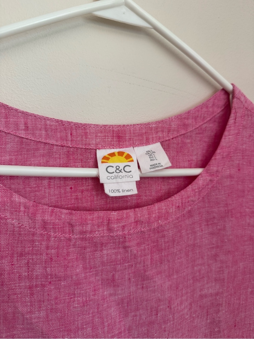 C&C California 100% Linen Pink Button Hem Short Sleeve Top Women’s Size Large - Picture 5 of 5